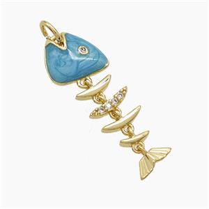 Copper Fishbone Pendant Pave Zirconia Green Enamel Gold Plated, approx 8-27mm