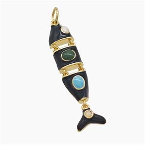 Copper Fish Pendant Pave Gemsone Black Enamel Gold Plated, approx 8-30mm