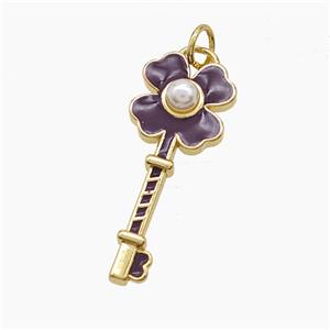 Copper Key Pendant Pave Resin Purple Enamel Clover Gold Plated, approx 11-26mm