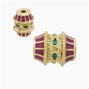 Copper Barrel Beads Pave Zirconia Red Enamel Gold Plated, approx 16-19mm
