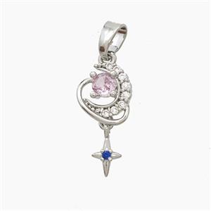 Copper Moon Pendant Pave Zirconia Crystal Glass Star Platinum Plated, approx 4-7mm, 8-10mm