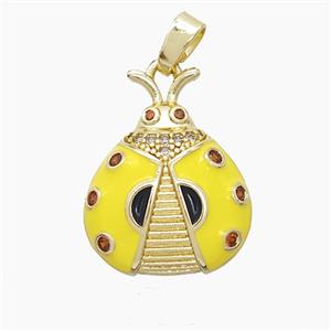 Copper Ladybug Pendant Pave Zirconia Yellow Enamel Gold Plated, approx 15-19mm