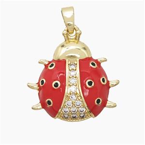 Copper Ladybug Pendant Pave Zirconia Red Enamel Gold Plated, approx 19mm