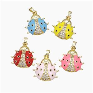 Copper Ladybug Pendant Pave Zirconia Enamel Gold Plated Mixed, approx 19mm