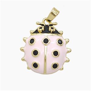 Copper Ladybug Pendant Pave Zirconia Lt.pink Enamel Gold Plated, approx 18mm
