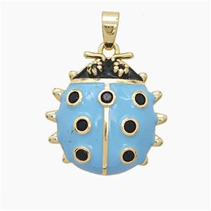 Copper Ladybug Pendant Pave Zirconia Blue Enamel Gold Plated, approx 18mm