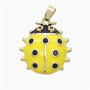 Copper Ladybug Pendant Pave Zirconia Yellow Enamel Gold Plated, approx 18mm