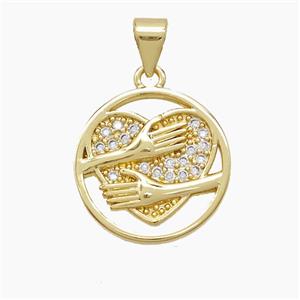 Copper Heart Pendant Pave Zirconia Love Embrace Gold Plated, approx 16mm