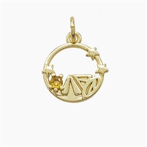 Copper Leaf Pendant Pave Zirconia Circle Star Gold Plated, approx 13mm