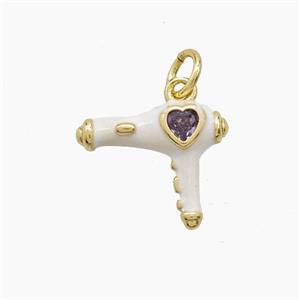 Copper Hairdriver Pendant Pave Zirconia White Enamel Gold Plated, approx 12-14mm