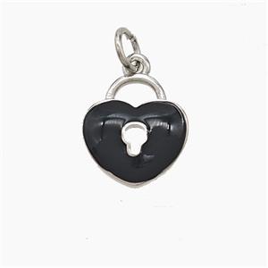 Copper Heart Lock Pendant Black Enamel Platinum Plated, approx 12-13mm