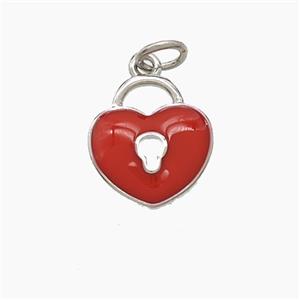 Copper Heart Lock Pendant Red Enamel Platinum Plated, approx 12-13mm