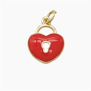 Copper Heart Lock Pendant Red Enamel Gold Plated, approx 12-13mm