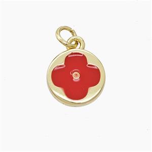Copper Clover Pendant Red Enamel Gold Plated, approx 11mm