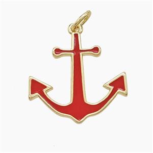 Copper Anchor Pendant Red Enamel Gold Plated, approx 18mm