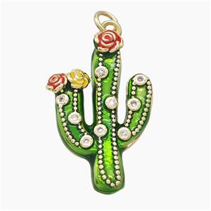 Copper Cactus Pendant Pave Zirconia Green Painted Gold Plated, approx 18-28mm