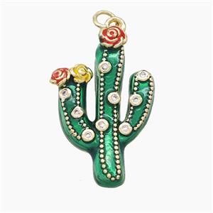 Copper Cactus Pendant Pave Zirconia Green Painted Gold Plated, approx 18-28mm