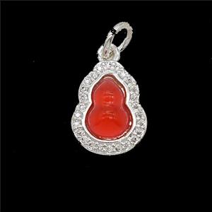 Copper Gourd Pendant Pave Zirconia Red Catseye Shiny Silver, approx 11-13mm