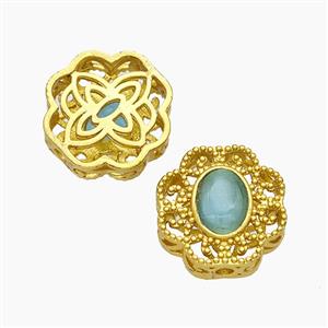 Copper Flower Beads Pave Catseye Gold Plated, approx 13-14mm