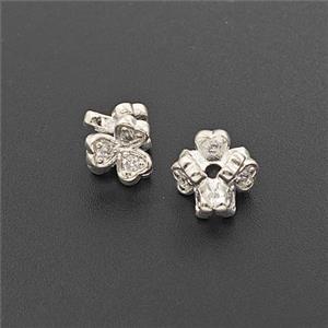 Copper Clover Beads Pave Zirconia Shiny Silver, approx 7.5mm