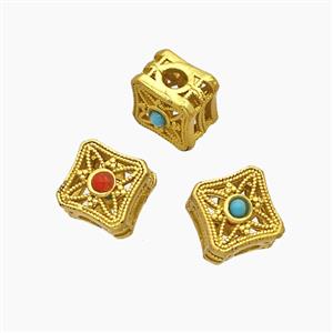 Copper Square Beads Pave Resin Gold Plated, approx 8.5mm