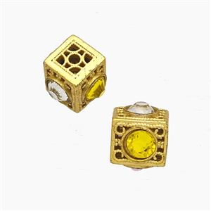 Copper Cube Beads Pave Crystal Glass Gold Plated, approx 8-9mm
