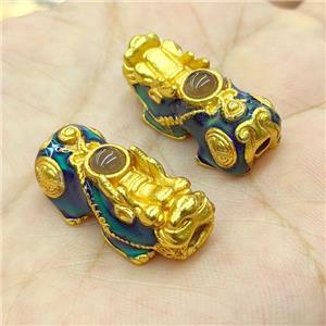 Copper Pixiu Beads Pave Crystal Enamel Large Hole Matte Gold, approx 13-28mm, 3mm hole