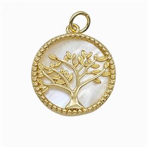 Copper Tree Of Life Pendant Pave Shell Gold Plated, approx 18mm
