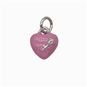 Copper Heart Pendant With Rose Flower Pink Enamel Platinum Plated, approx 8mm