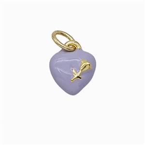 Copper Heart Pendant With Rose Flower Lavender Enamel Gold Plated, approx 8mm