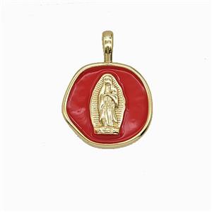 Copper Virgin Mary Pendant Red Enamel Gold Plated, approx 14mm
