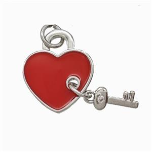 Copper Heart Lock Key Pendant Red Enamel Platinum Plated, approx 3-8mm, 14mm