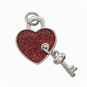 Copper Heart Lock Key Pendant Red Enamel Platinum Plated, approx 3-8mm, 14mm