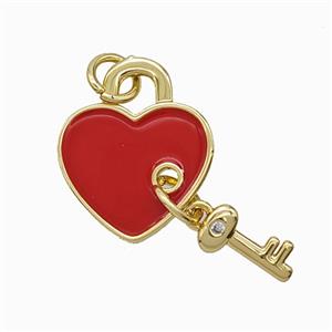 Copper Heart Lock Key Pendant Red Enamel Gold Plated, approx 3-8mm, 14mm