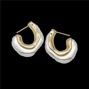 Copper C Stud Earrings Pave Pearlized Resin Gold Plated, approx 26-32mm