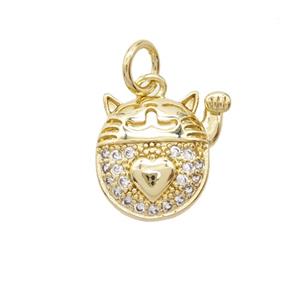 Lucky Cat Charms Copper Pendant Pave Zirconia Gold Plated, approx 11-13mm