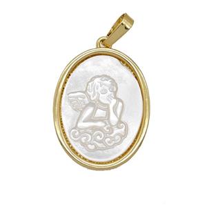 Copper Oval Pendant Pave Shell Angel 18K Gold Plated, approx 18-23mm