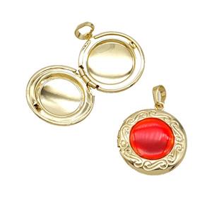 Copper Circle Locket Pendant Red Enamel 18K Gold Plated, approx 20mm