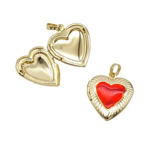 Copper Heart Locket Pendant Red Enamel 18K Gold Plated, approx 19-20mm