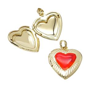 Copper Heart Locket Pendant Red Enamel 18K Gold Plated, approx 19-20mm