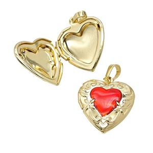 Copper Heart Locket Pendant Red Enamel 18K Gold Plated, approx 19-20mm