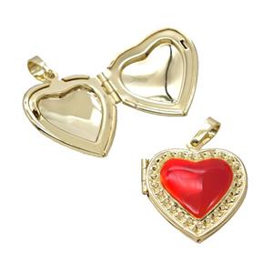 Copper Heart Locket Pendant Red Enamel 18K Gold Plated, approx 21mm