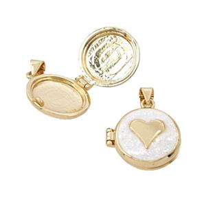 Copper Heart Locket Pendant Pave White FireOpal 18K Gold Plated, approx 16mm