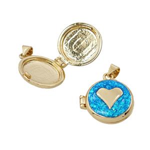 Copper Heart Locket Pendant Pave Blue FireOpal 18K Gold Plated, approx 16mm