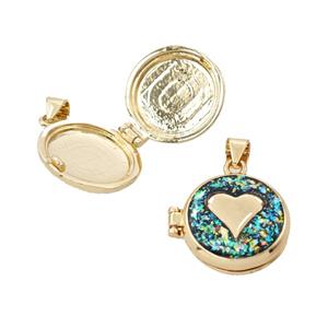 Copper Heart Locket Pendant Pave Green FireOpal 18K Gold Plated, approx 16mm