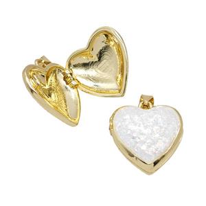 Copper Heart Locket Pendant Pave White FireOpal 18K Gold Plated, approx 18mm