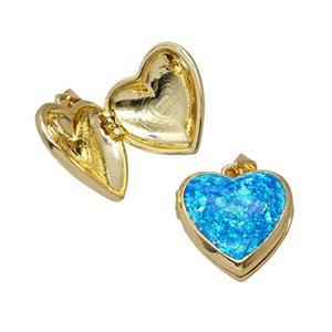 Copper Heart Locket Pendant Pave Blue FireOpal 18K Gold Plated, approx 18mm