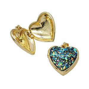 Copper Heart Locket Pendant Pave FireOpal 18K Gold Plated, approx 18mm