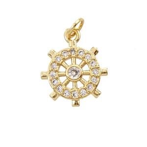 Copper Shipwheel Pendant Pave Zirconia 18K Gold Plated, approx 14mm
