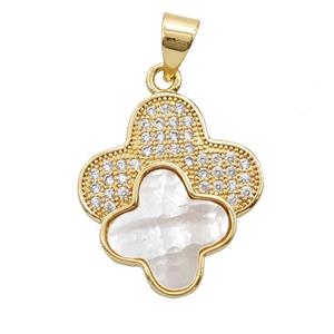 Copper Clover Pendant Pave Zirconia Shell 18K Gold Plated, approx 17-19mm